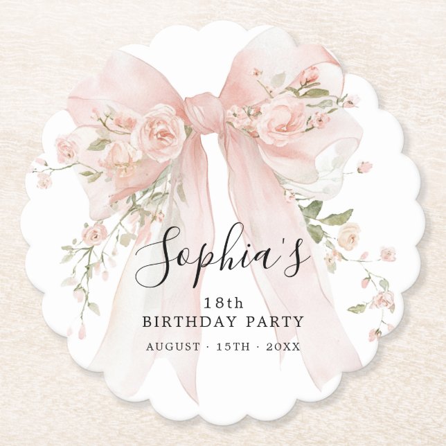 18th Birthday Party Pink Bow with Roses Paper Coaster (Front)