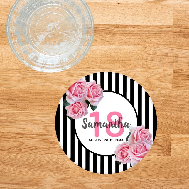 18th birthday party pink floral black stripes coaster set (Creator Uploaded)