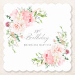 18th Birthday Party Pink Floral Custom Paper Coaster<br><div class="desc">A beautiful and feminine custom paper coaster to celebrate a 18th birthday in elegant style. This floral design is bordered with a frame of charming pink peonies and greenery.</div>