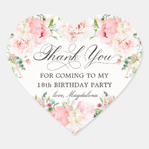 18th Birthday Party Pink Floral Thank You Favor Heart Sticker
