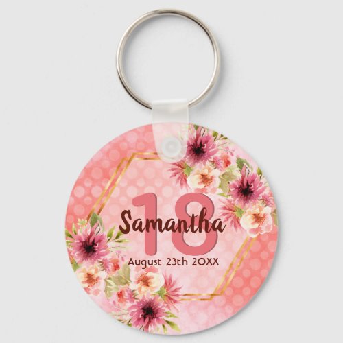 18th birthday party pink florals gold geometric keychain