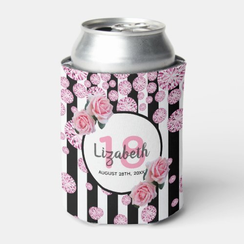 18th birthday party pink florals stripes glam can cooler