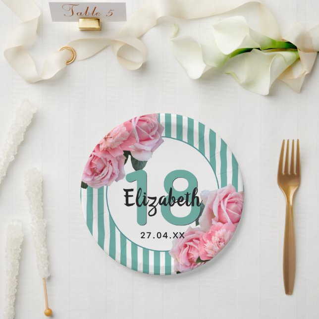 18th birthday party pink florals teal stripes name paper plates (Wedding)