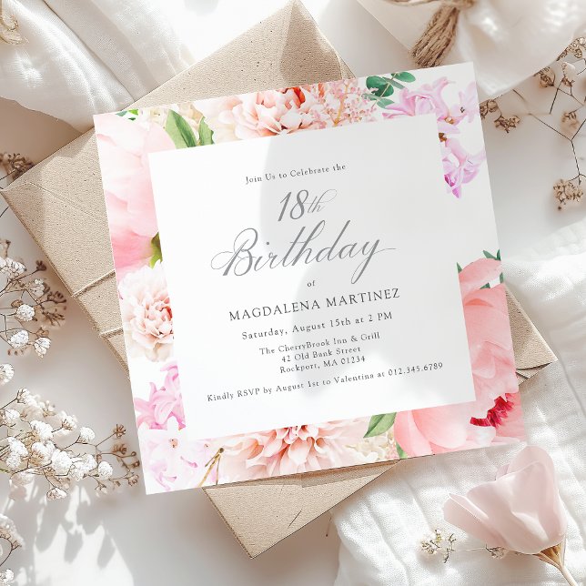 18th Birthday Party Pink Peony Floral Square Invitation (Creator Uploaded)