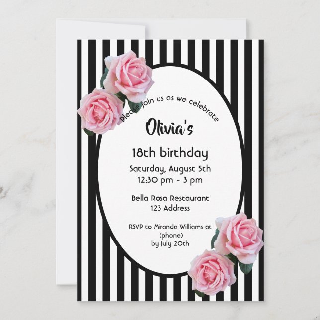 18th birthday party pink roses black white stripes invitation (Front)