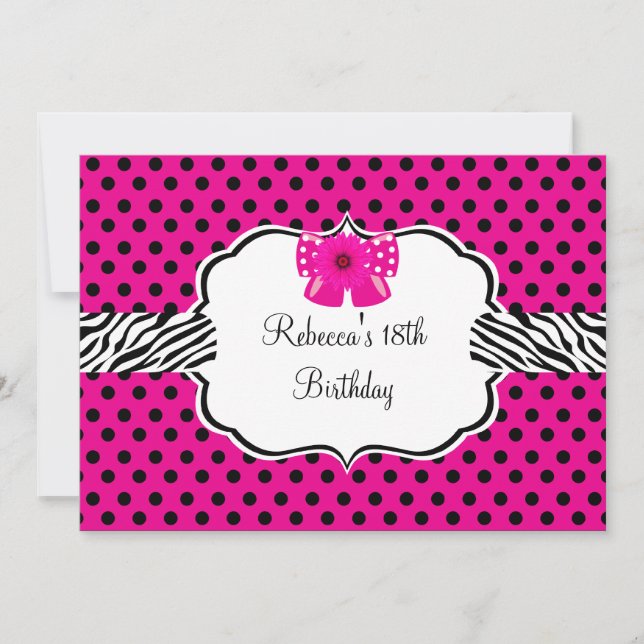 18th Birthday Party Pink Spot Zebra Pink Flower Invitation (Front)