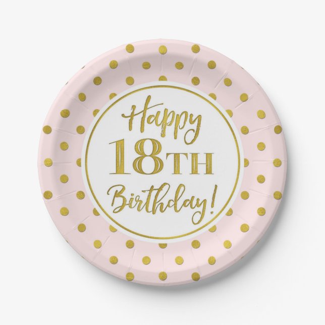 18th Birthday Party Pink White Gold Dots Paper Pla Plates (Front)