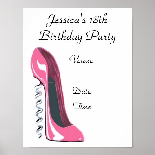 18th Birthday Party Poster with Pink Corkscrew Sti