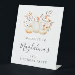 18th Birthday Party Pumpkin Fall Leaves Welcome Pedestal Sign<br><div class="desc">An elegant white watercolor pumpkin is nestled in fall leaves and flowers. The sophisticated blend of deep earth tones and soft pastels creates a unique aesthetic your guests will love. All the text is easily edited,  so you can set just the right tone.</div>