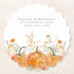 18th Birthday Party Pumpkin Wildflower Custom Paper Coaster<br><div class="desc">Fall pumpkins are nestled in delicate golden yellow and orange wildflowers to create an elegant aesthetic. All of the text is editable so you can easily craft your own special mood.</div>