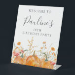 18th Birthday Party Pumpkin Wildflower Welcome Pedestal Sign<br><div class="desc">Fall pumpkins are nestled in delicate golden yellow and orange wildflowers to create an elegant aesthetic. All of the text is editable so you can easily craft your own special mood.</div>