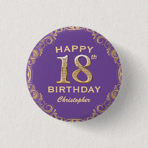 18th Birthday Party Purple and Gold Glitter Frame Button