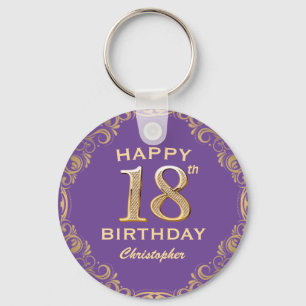 18th Birthday Party Purple and Gold Glitter Frame Keychain