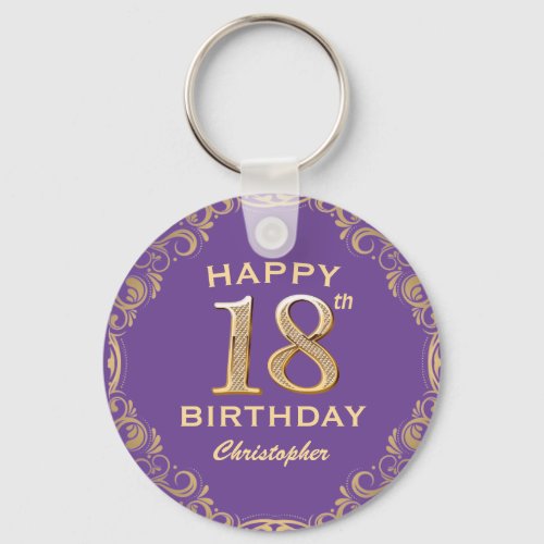 18th Birthday Party Purple and Gold Glitter Frame Keychain