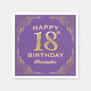 18th Birthday Party Purple and Gold Glitter Frame Napkins