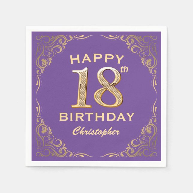 18th Birthday Party Purple and Gold Glitter Frame Napkins (Front)