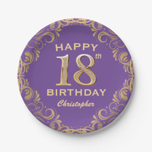 18th Birthday Party Purple and Gold Glitter Frame Paper Plates
