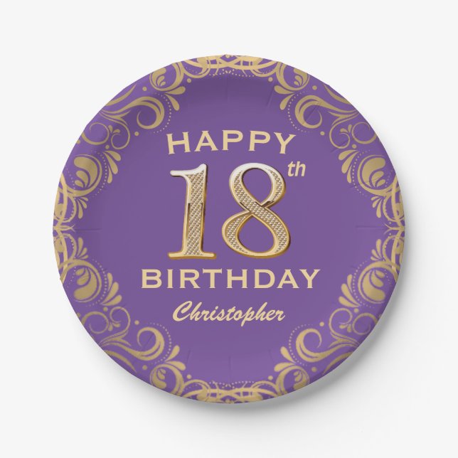 18th Birthday Party Purple and Gold Glitter Frame Paper Plates (Front)
