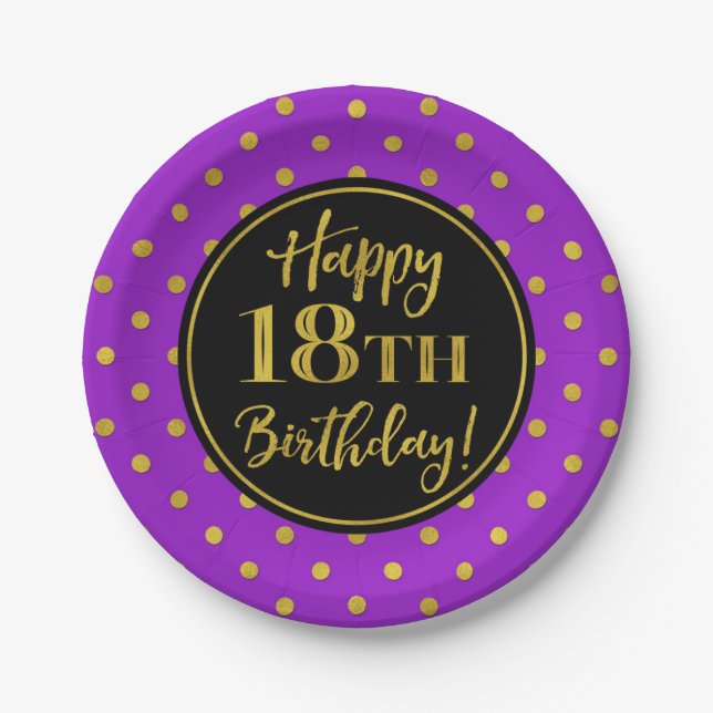 18th Birthday Party Purple Black Gold Dots Paper Plates (Front)