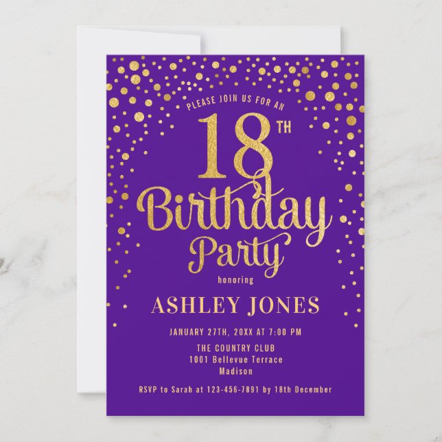 18th Birthday Party - Purple & Gold Invitation (Front)