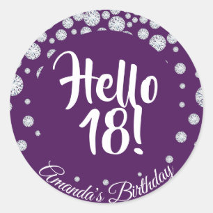 18th birthday party purple hello 18 diamonds name classic round sticker