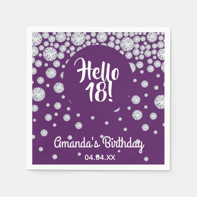 18th birthday party purple hello 18 diamonds name napkins (Front)