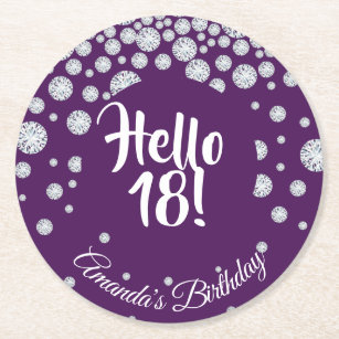 18th birthday party purple hello 18 diamonds name round paper coaster