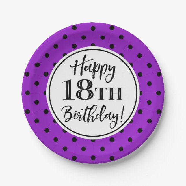 18th Birthday Party Purple White Black Dots Paper Plates (Front)