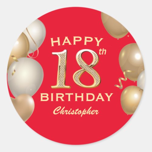 18th Birthday Party Red and Gold Balloons Classic Round Sticker