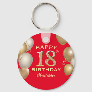 18th Birthday Party Red and Gold Balloons Keychain