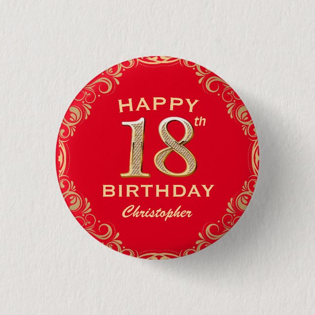 18th Birthday Party Red and Gold Glitter Frame Button (Front)