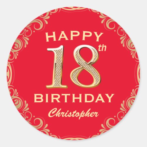 18th Birthday Party Red and Gold Glitter Frame Classic Round Sticker