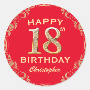 18th Birthday Party Red and Gold Glitter Frame Classic Round Sticker
