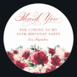 18th Birthday Party Red Pink Floral Thank You Classic Round Sticker<br><div class="desc">Add a special touch to your 18th birthday party favors with this elegant round thank you sticker. It features a watercolor red rose and pink peony floral border along the bottom. Dark green leaves give it a rustic botanical vibe. Thank you is written in a beautiful classic script. Two lines...</div>