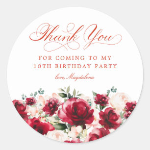 18th Birthday Party Red Pink Floral Thank You Classic Round Sticker