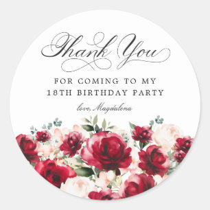 18th Birthday Party Red Pink Floral Thank You Classic Round Sticker