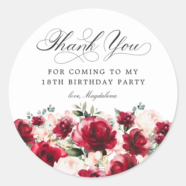18th Birthday Party Red Pink Floral Thank You Classic Round Sticker (Front)