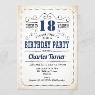 18th Birthday Party - Retro Creamy White and Navy Invitation