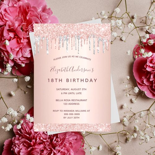 18th birthday party rose gold blush silver glitter invitation