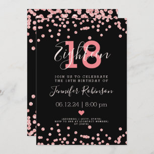 18th Birthday Party Rose Gold Glam Glitter Black Invitation