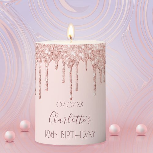 18th birthday party rose gold glitter drip blush pillar candle