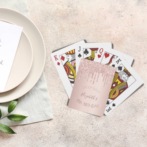 18th birthday party rose gold glitter drips glam playing cards