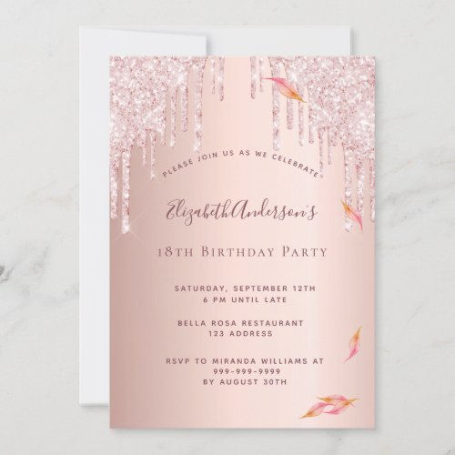 18th birthday party rose gold glitter drips invitation