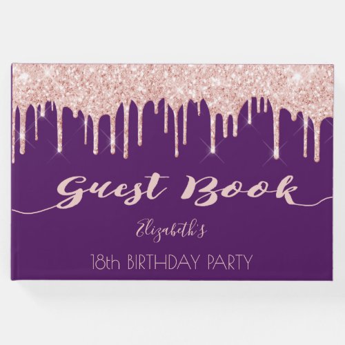 18th birthday party rose gold glitter drips purple guest book