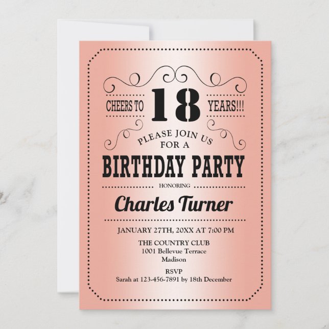 18th Birthday Party - Rose Gold Invitation (Front)
