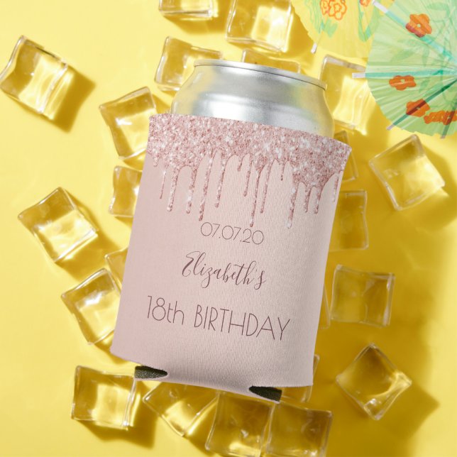 18th birthday party rose gold pink drips can cooler (In Situ Summer)