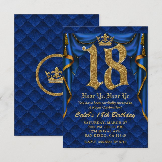 18TH Birthday Party Royal Blue Gold Crown  Invitation (Front/Back)