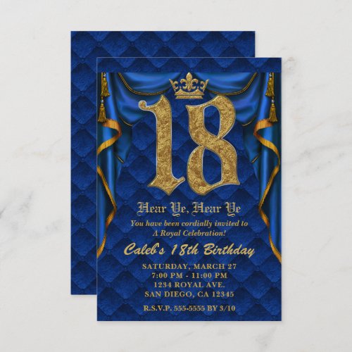 18TH Birthday Party Royal Blue Gold Crown  Invitation