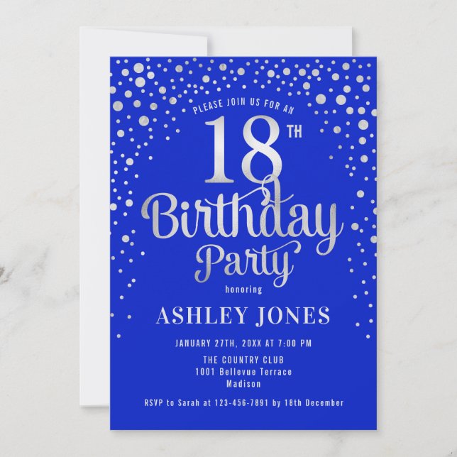 18th Birthday Party - Royal Blue & Silver Invitation (Front)