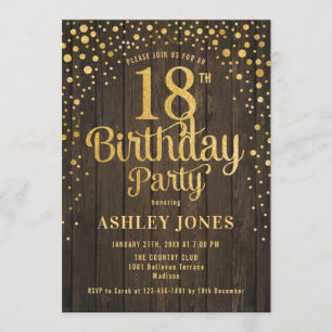 18th Birthday Party - Rustic Wood & Gold Invitation